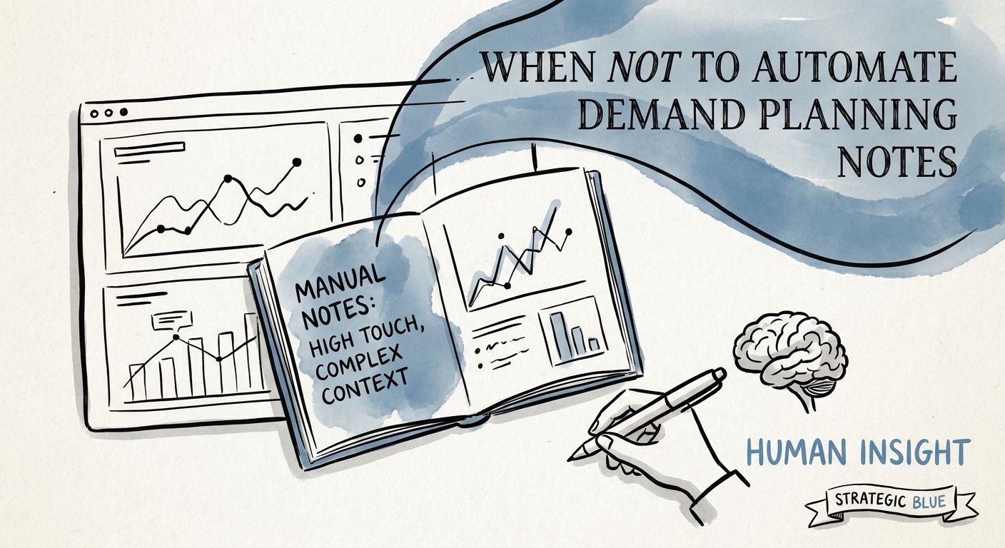 Operations leader reviewing AI-generated demand planning notes with forecast assumptions highlighted.