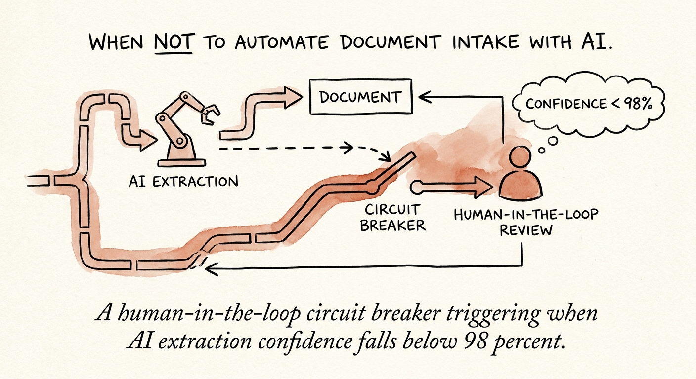 Document intake workflow showing document classification, extraction confidence, exception routing, and human review.