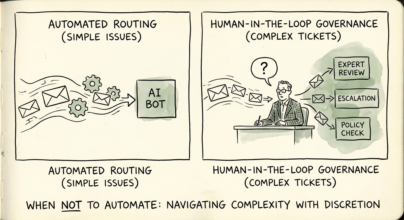 Employee helpdesk AI governance model separating automation-safe, draft-only, approval-required, and human-only routing.