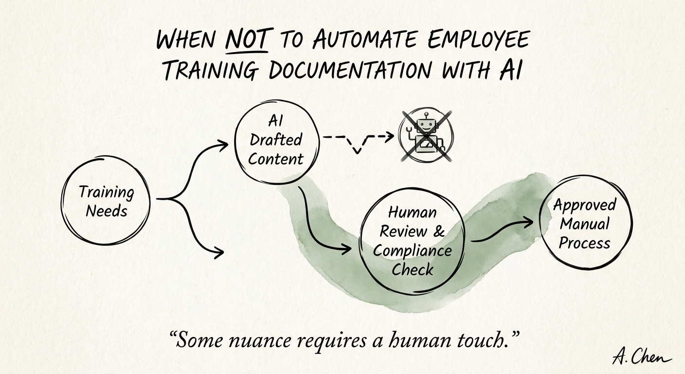 Training documentation governance map showing approved sources, reviewer ownership, change control, and employee feedback loops.