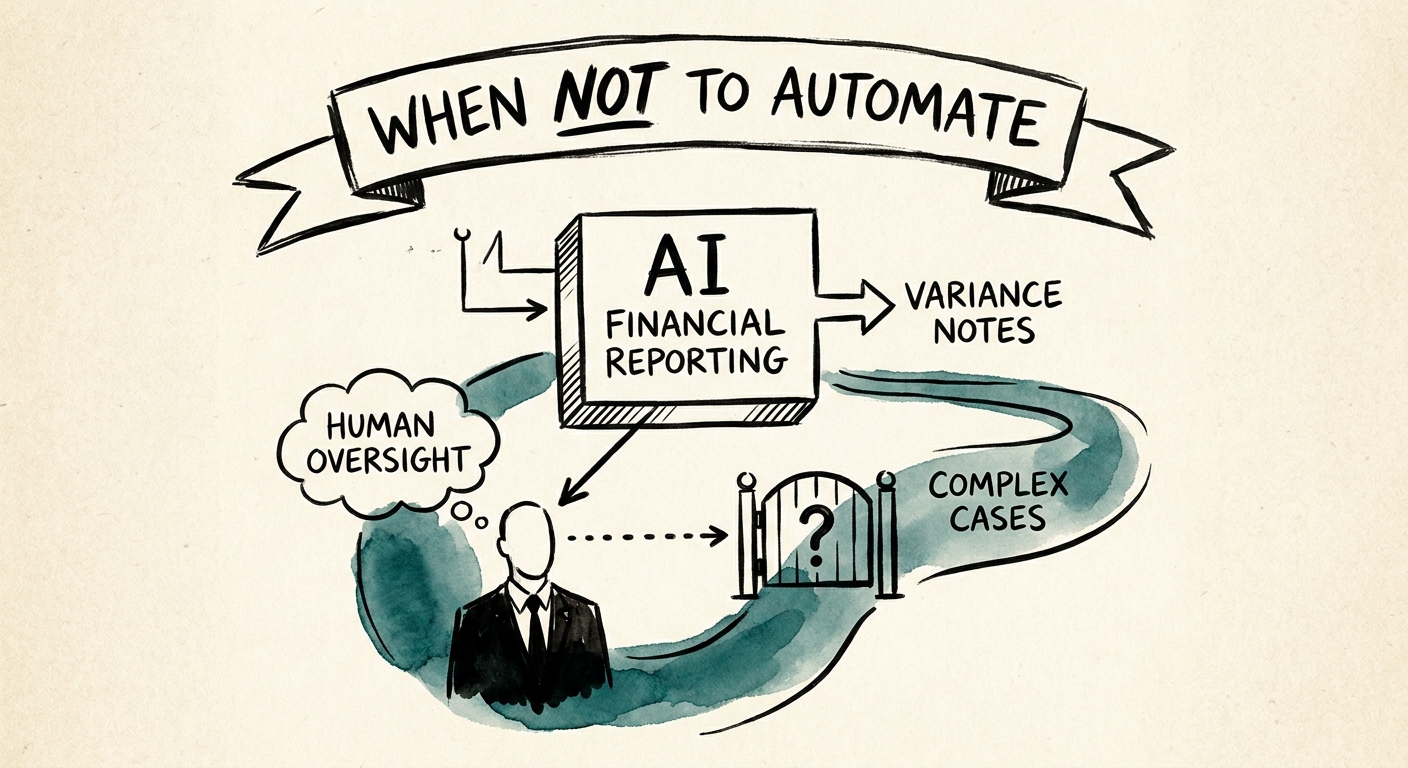 FP&A workflow showing source systems, variance thresholds, AI draft notes, and CFO review.
