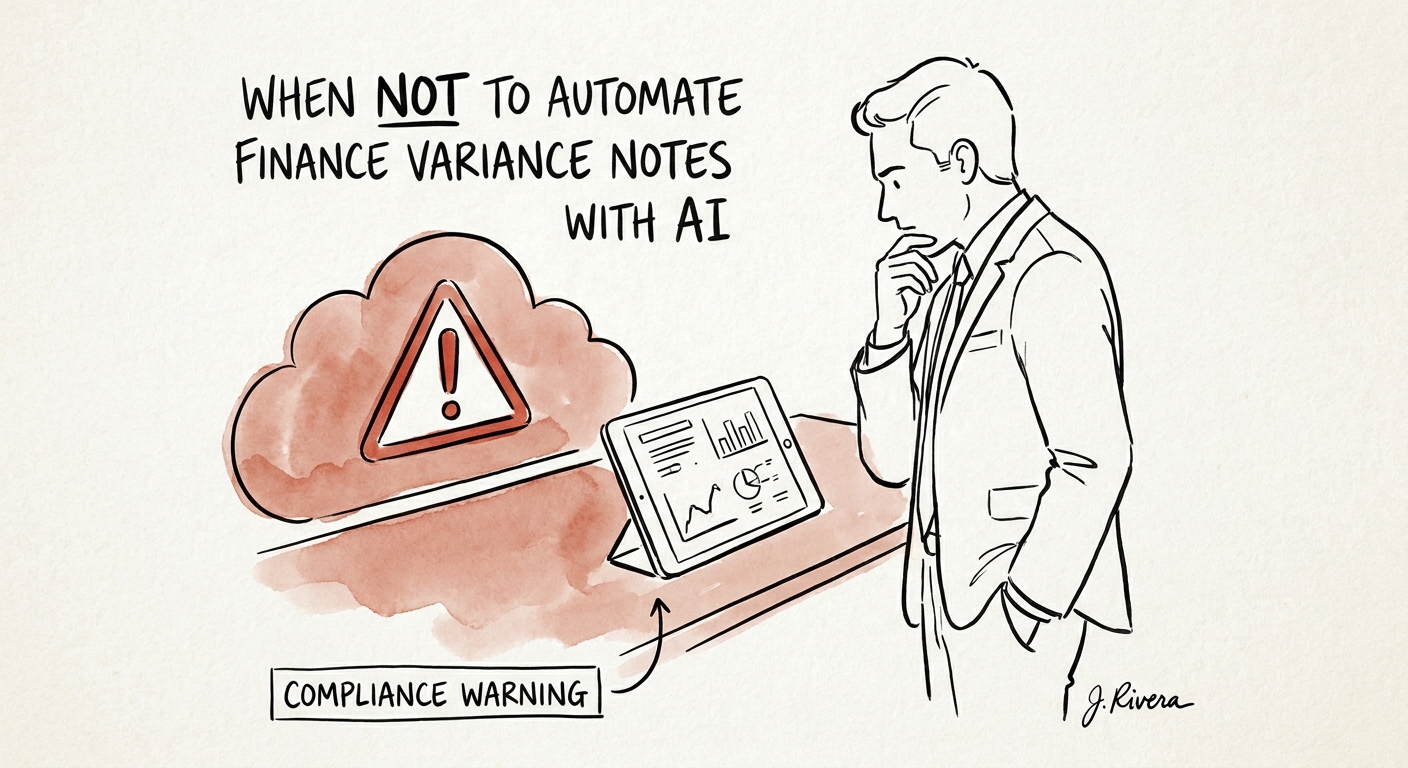 Finance leader reviewing AI variance notes with materiality thresholds and source checks.