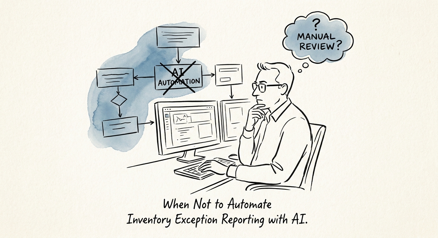 Supply chain manager reviewing AI inventory exception reports with source data quality checks.