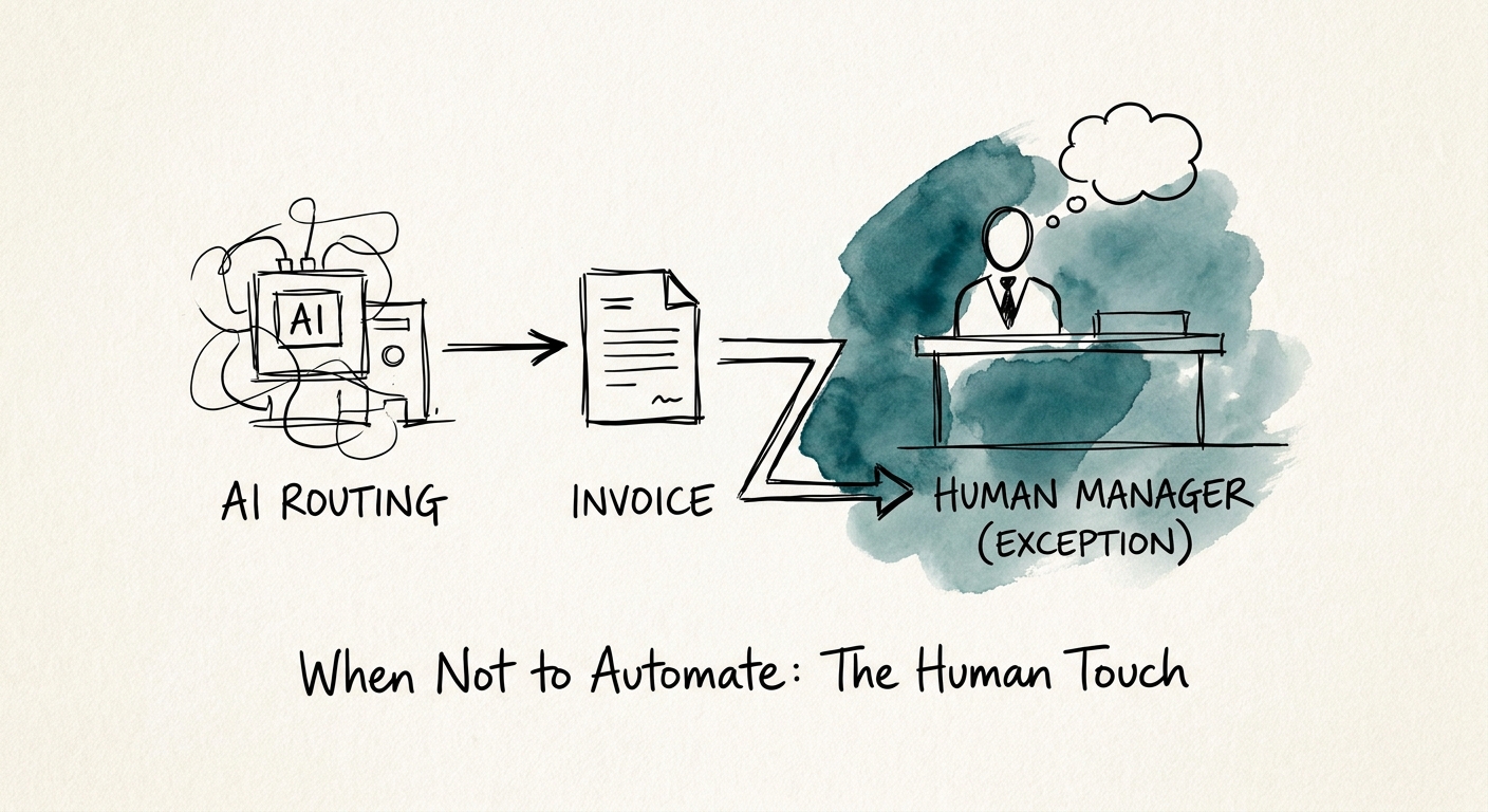 Invoice routing governance workflow showing vendor match, policy check, exception queue, and approval audit trail.