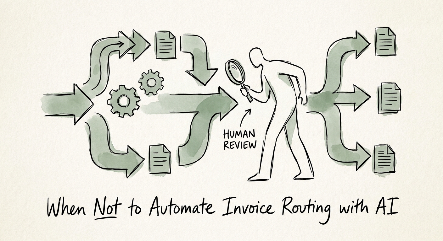 Finance operations leader reviewing AI invoice routing controls with vendor data, policy checks, and exceptions.