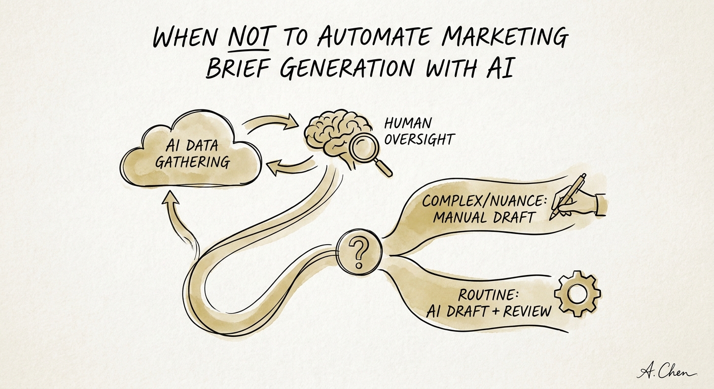 Marketing brief governance workflow showing audience, source material, approval, data controls, and measurement.