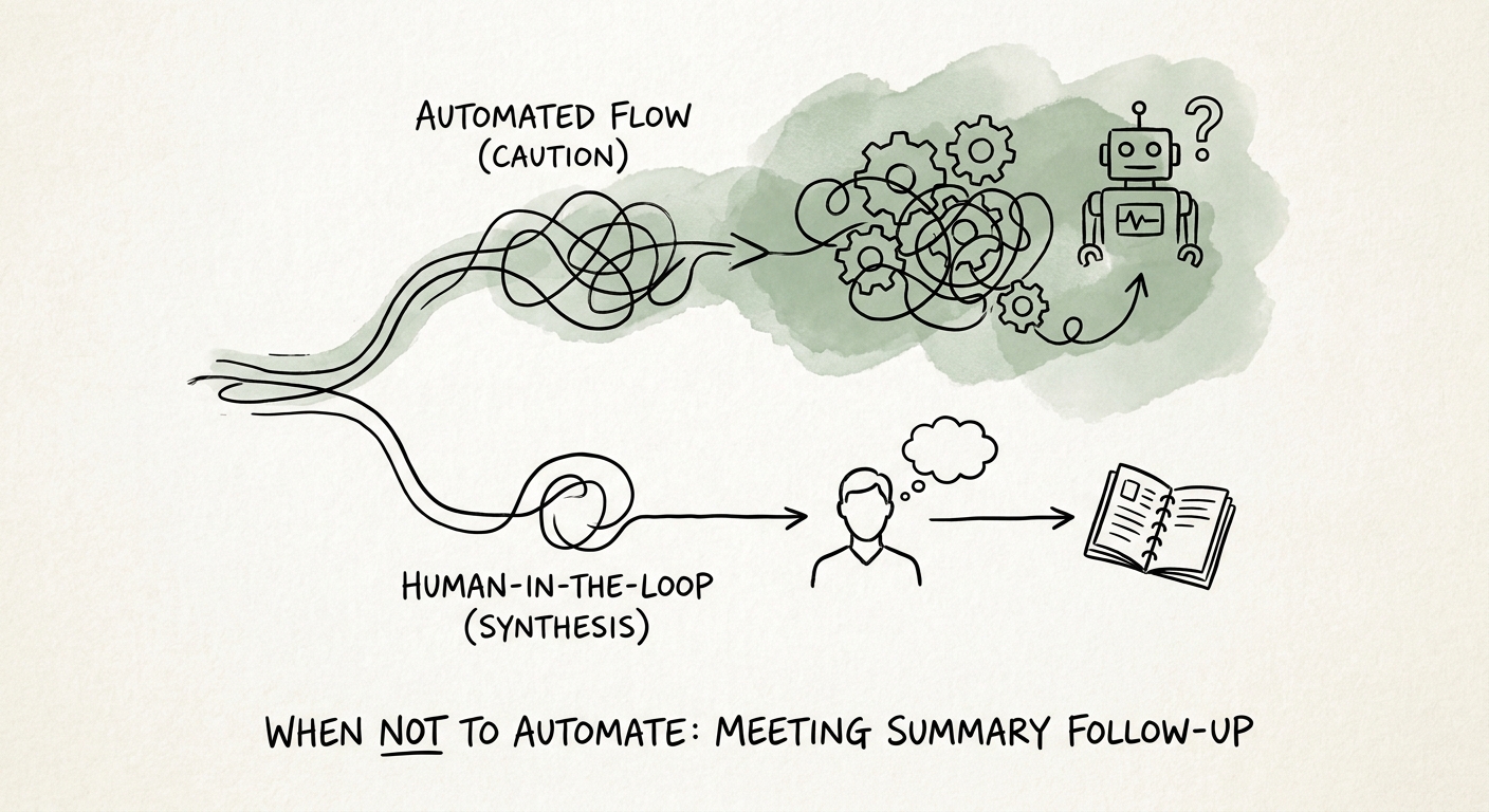 Meeting follow-up workflow showing transcript source, action owners, AI draft, and client-facing approval.