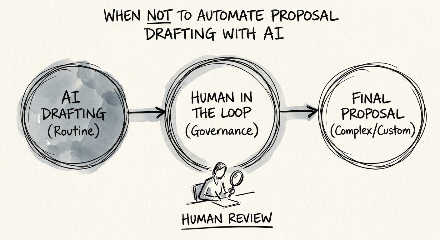 Proposal drafting governance map showing source evidence, pricing authority, claim review, and final human approval.