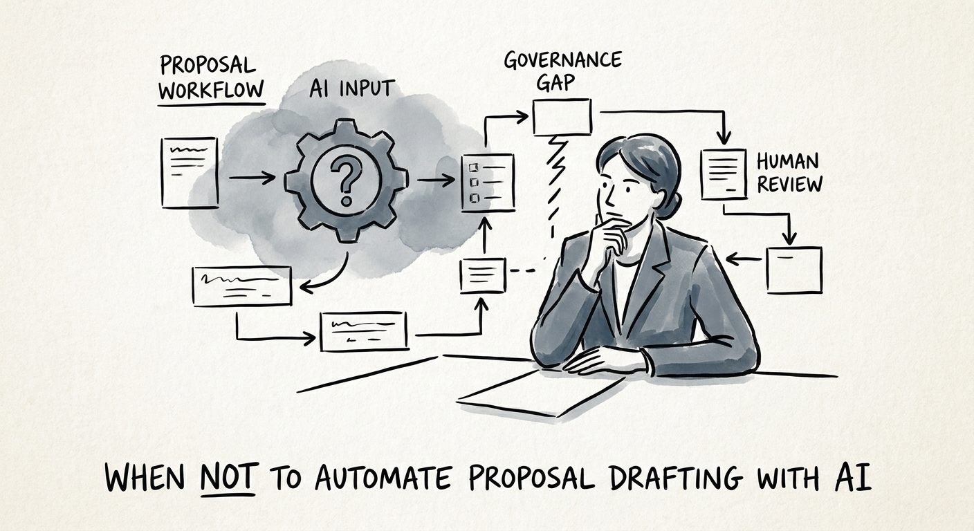 Sales leader reviewing AI-assisted proposal drafting controls with evidence, pricing, claims, and approval checks.