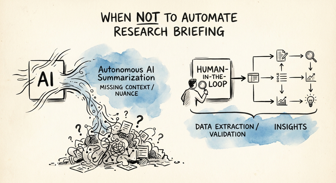 Review model for deciding when research briefing should remain assisted because source confidence or decision risk is not inspectable.