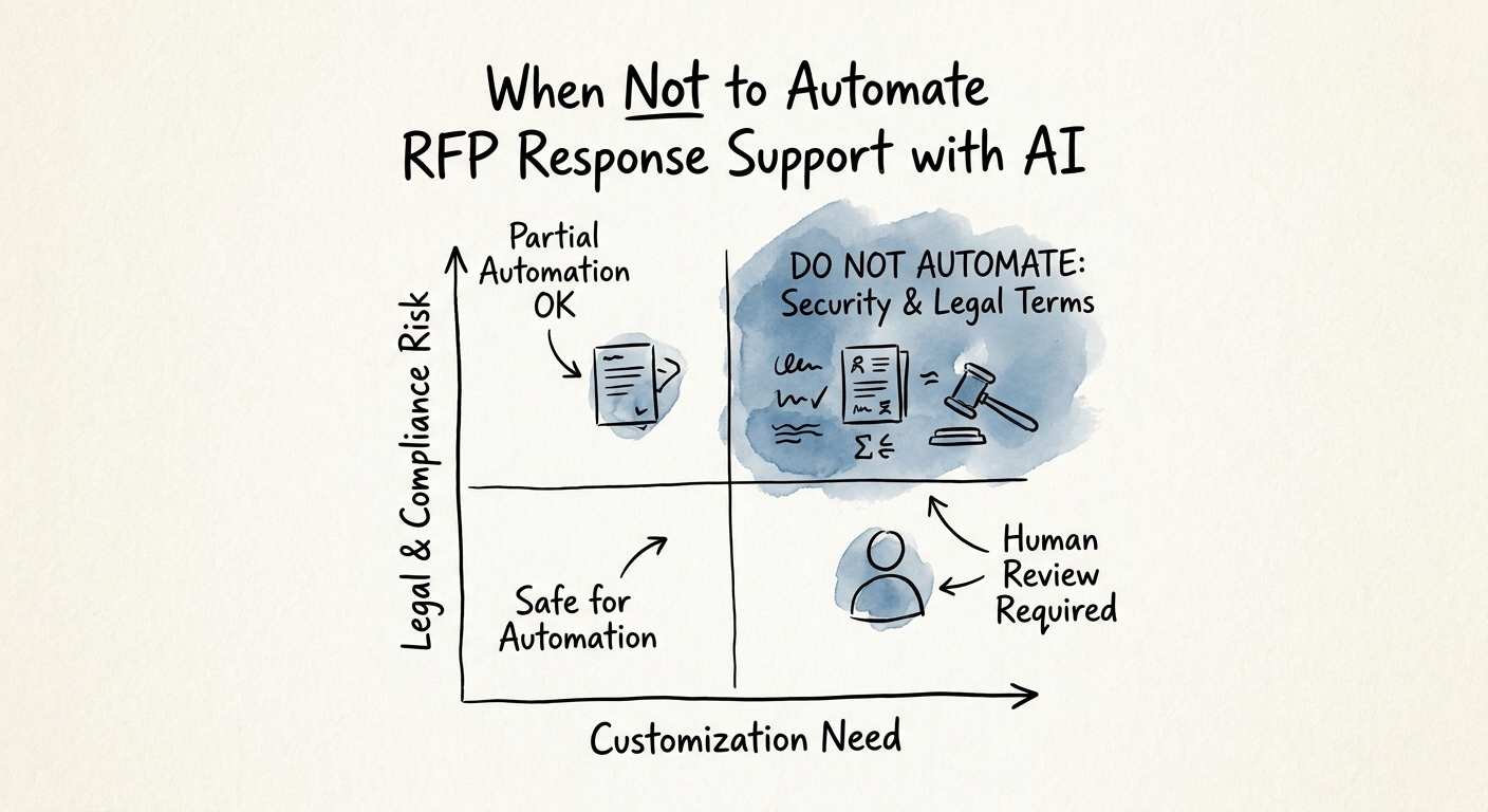 RFP workflow showing approved answer library, requirement matrix, AI draft response, and human review.