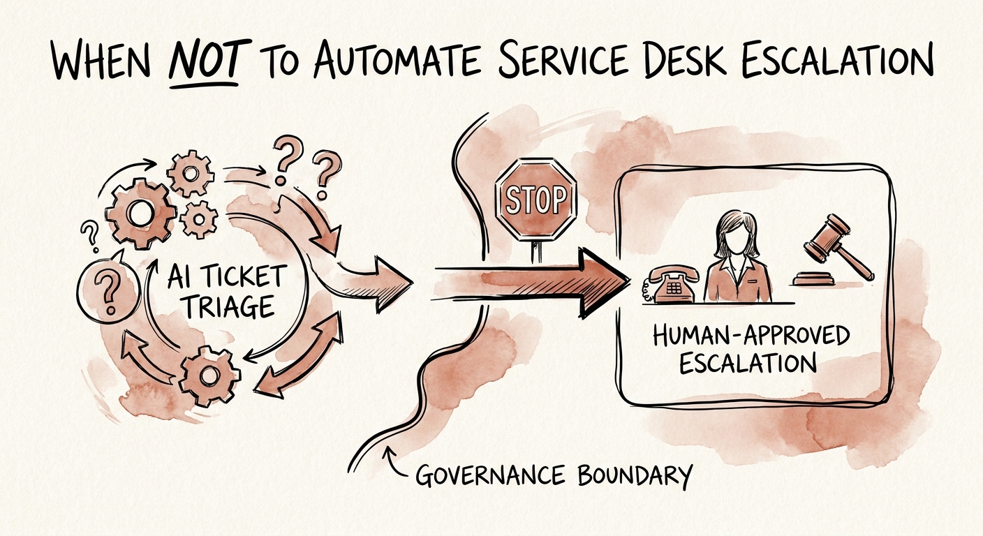 Service desk escalation workflow showing ticket intake, severity classification, knowledge lookup, routing, and override review.