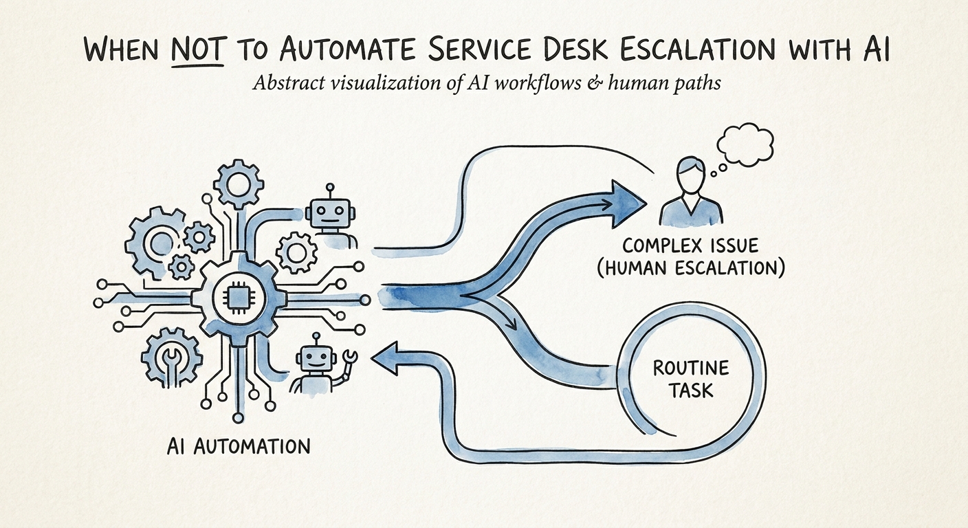 Service desk leader reviewing AI escalation controls with severity, routing, knowledge, and human override paths.