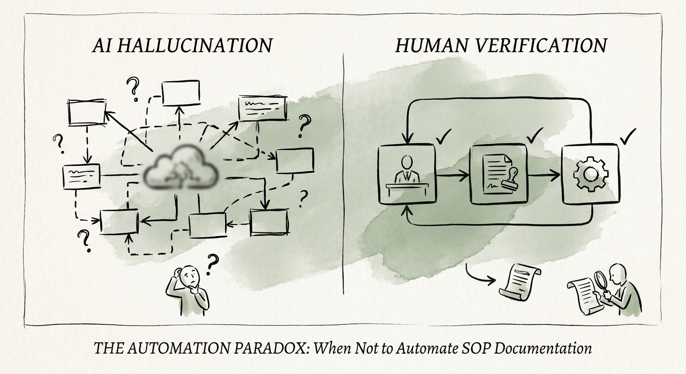 SOP governance workflow showing source evidence, process owner review, training updates, and revision history.