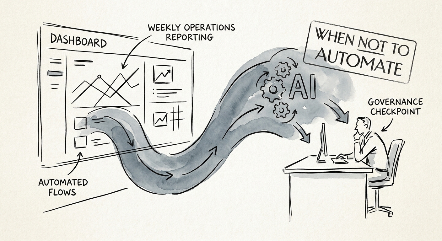 Operations leader reviewing AI-generated weekly reporting with source-system and metric-definition controls.