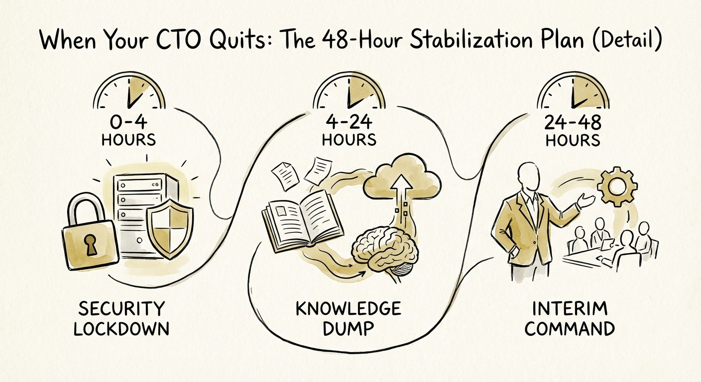 A timeline graphic showing the 48-hour stabilization protocol: Hours 0-4 Security Lockdown, Hours 4-24 Knowledge Dump, Hours 24-48 Interim Command.