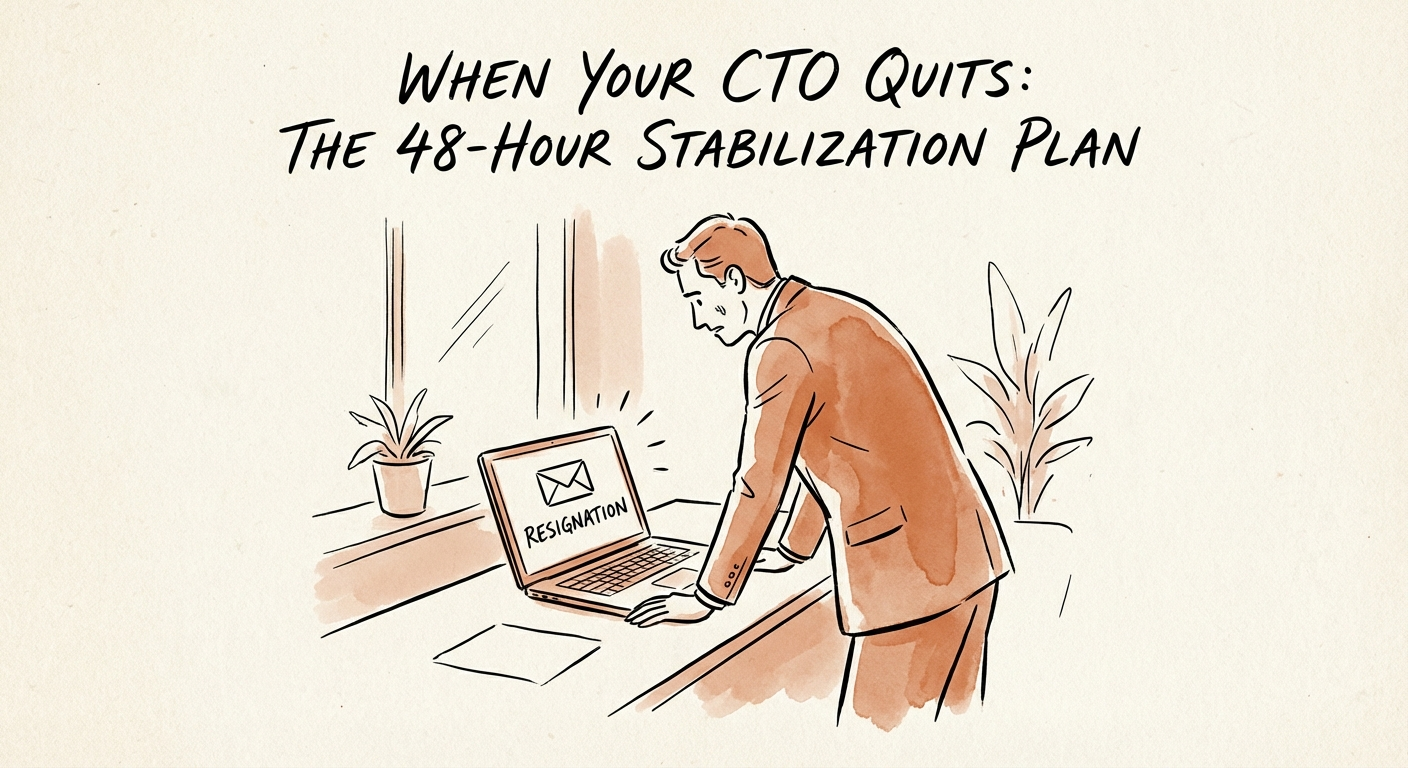 A stressed CEO looking at a resignation letter on a laptop in a modern office, representing the immediate crisis of a CTO departure.