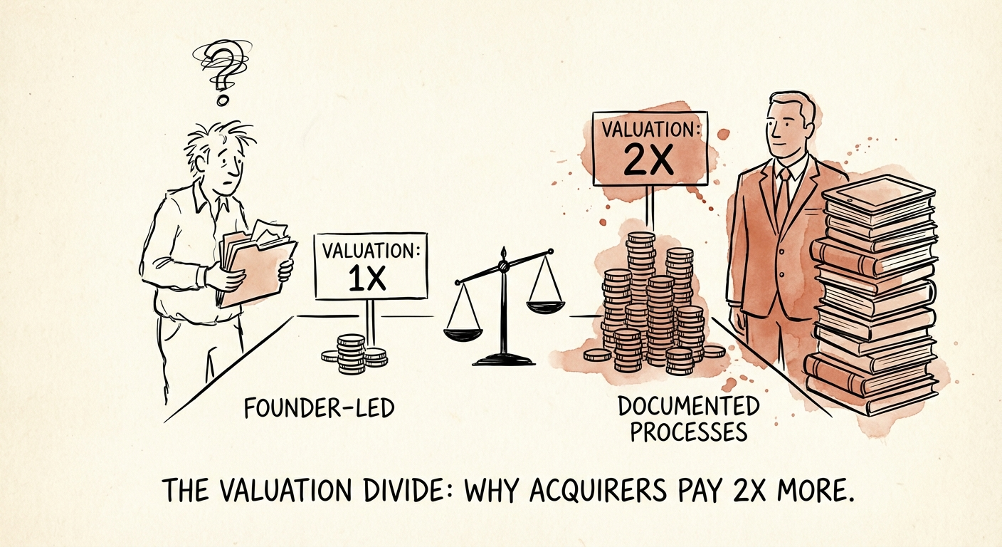 Private equity deal table showing valuation comparison between founder-led and documented business models