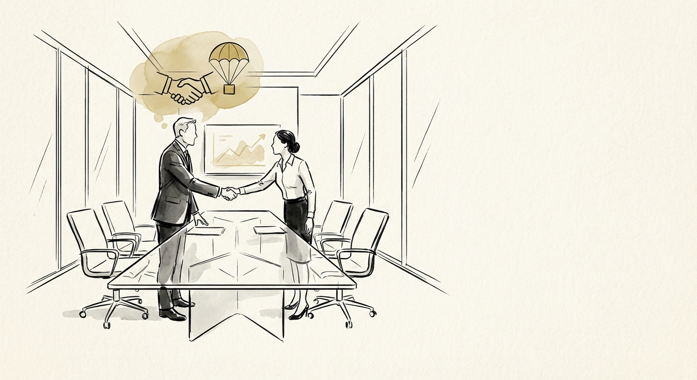 Founder CEO shaking hands with investment banker in a modern glass boardroom