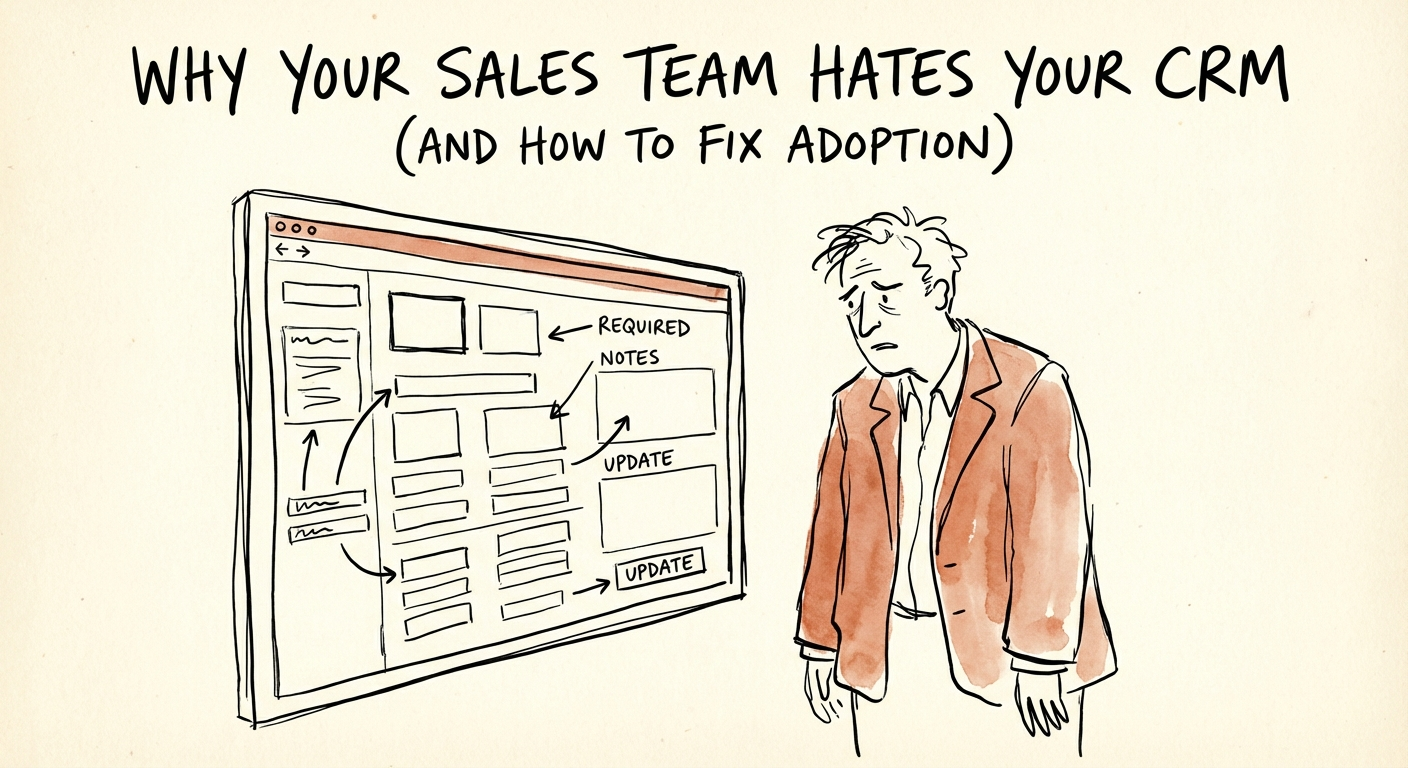 Frustrated sales representative staring at a complex CRM dashboard with too many required fields.