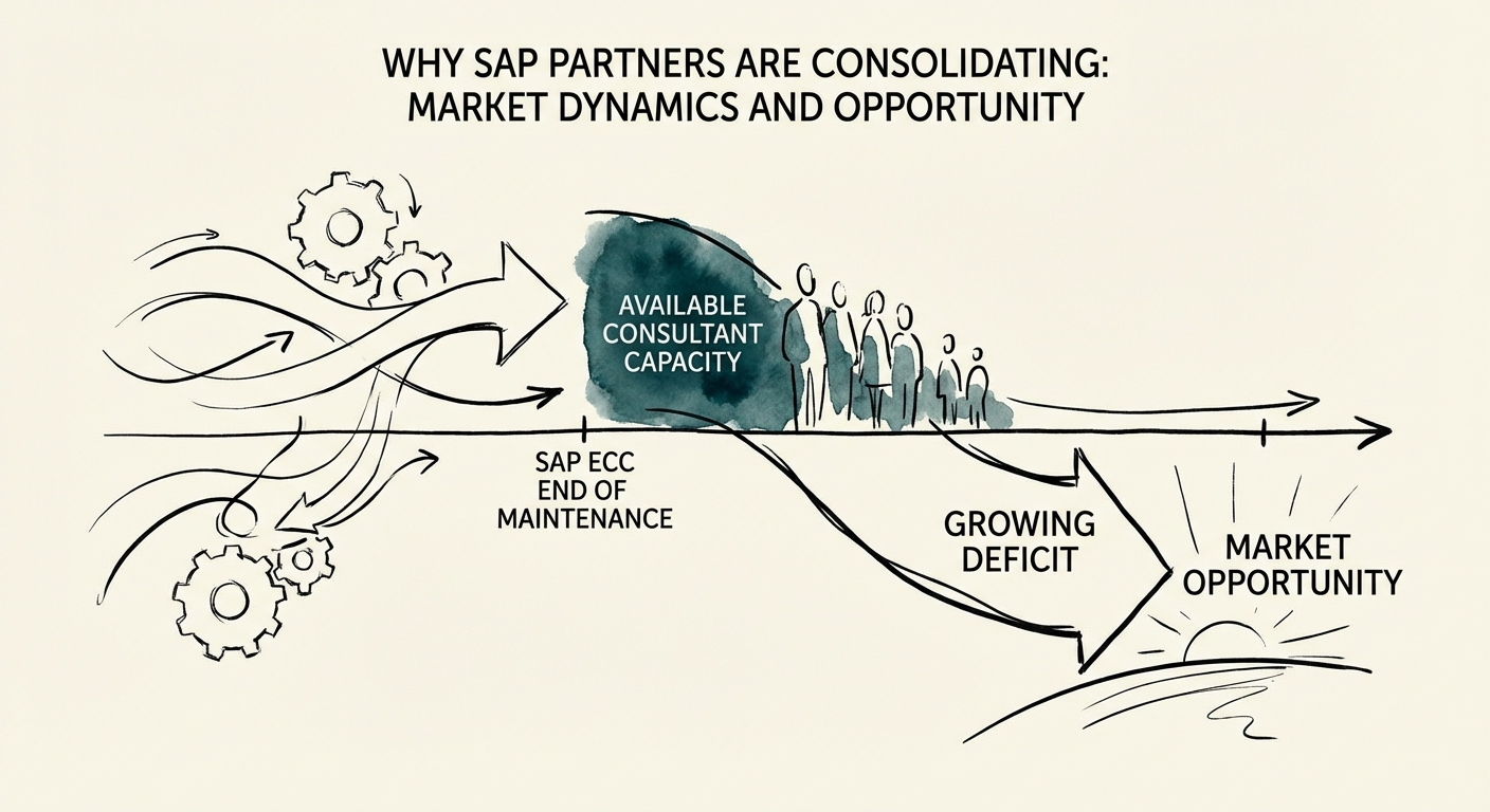 A visual timeline of the SAP ECC maintenance deadline vs. the available consultant capacity, highlighting the growing deficit.