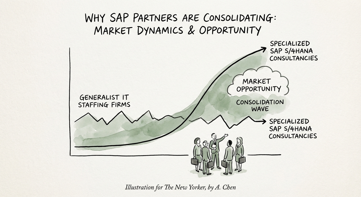 A graph showing the divergence in valuation multiples between generalist IT staffing firms and specialized SAP S/4HANA consultancies.