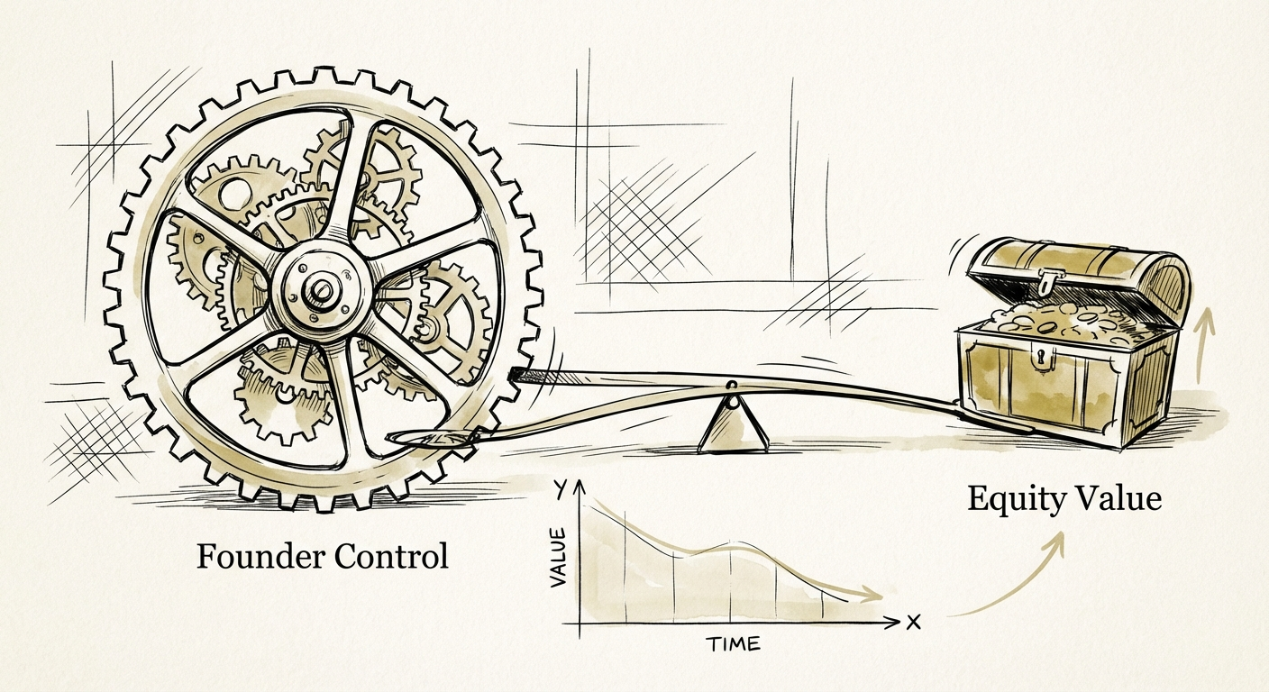 Graph showing the inverse relationship between founder control and equity value over time.