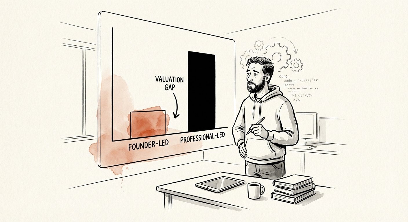 Technical founder looking at data visualization of valuation gap between founder-led and professional-led companies.
