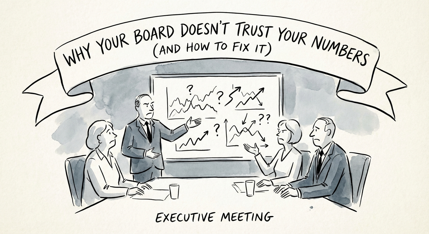 Boardroom executive meeting looking at data on screen with concerned expressions