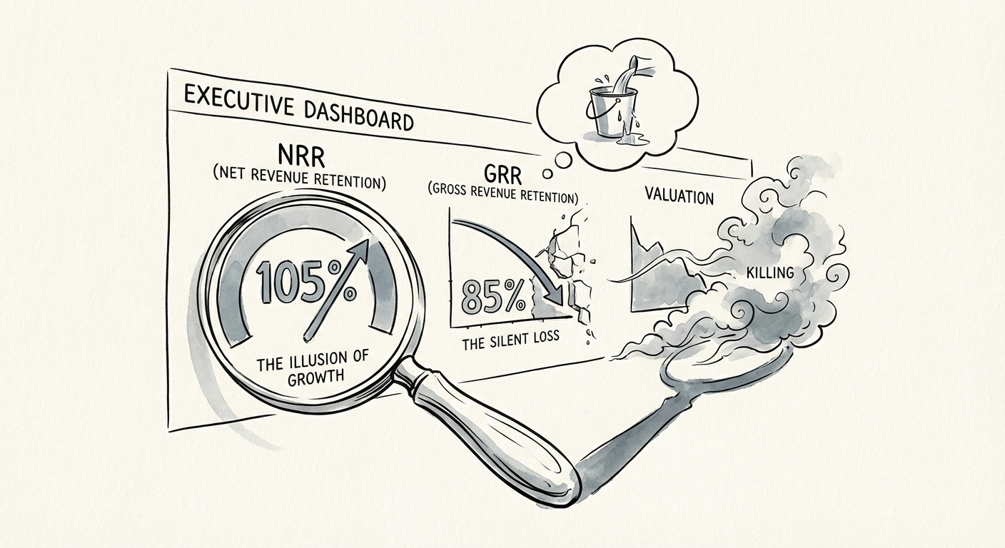 Executive dashboard showing Net Revenue Retention vs Gross Revenue Retention metrics