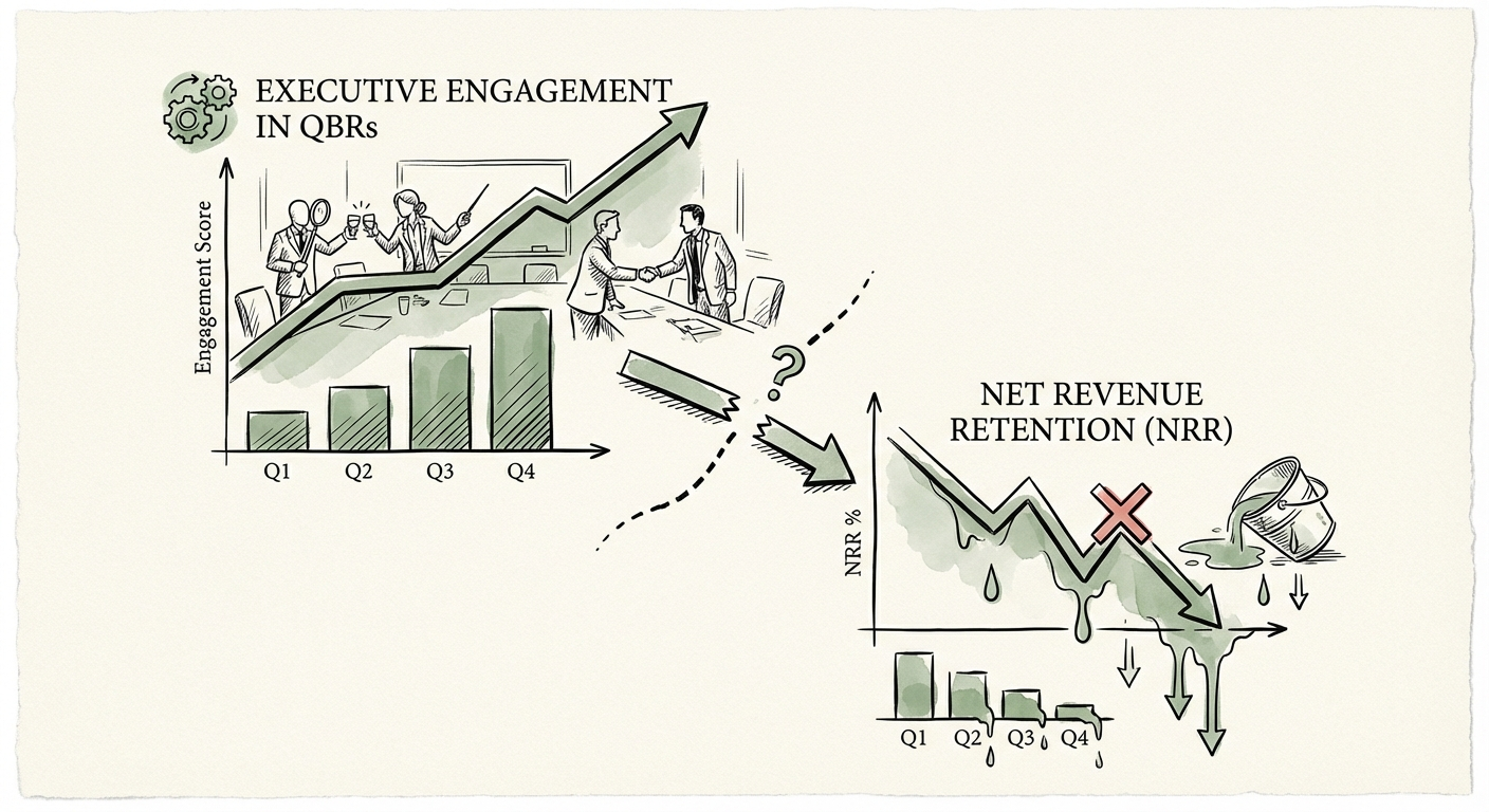 Chart showing the correlation between Net Revenue Retention and Executive Engagement in QBRs.