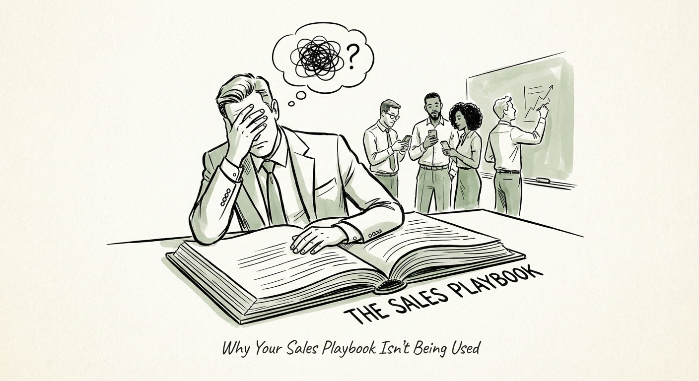 Sales executive looking frustrated at a complex printed manual while team ignores it.