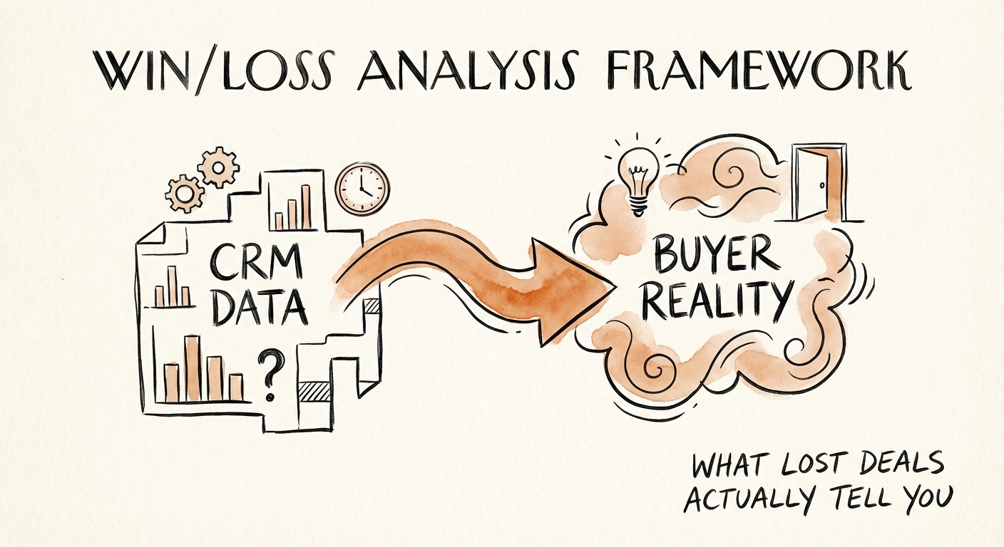 Win Loss Analysis Framework Diagram showing the discrepancy between CRM data and buyer reality