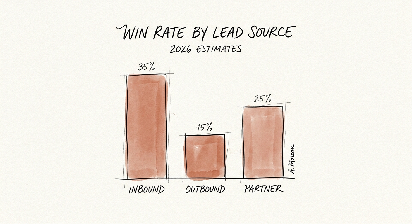 Bar chart comparing 2026 win rates across inbound, outbound, and partner lead sources.