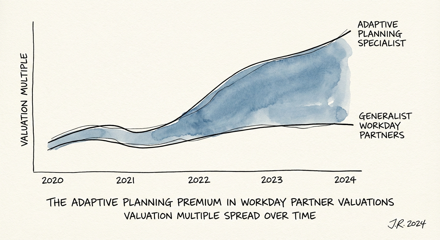 Graph showing valuation multiple spread between Generalist Workday Partners and Adaptive Planning Specialists over time