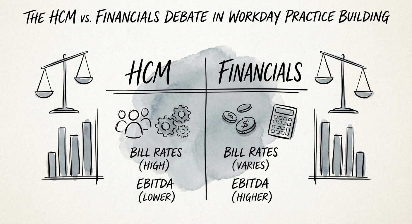 Comparison chart showing bill rates and EBITDA multiples for HCM vs Financials practices