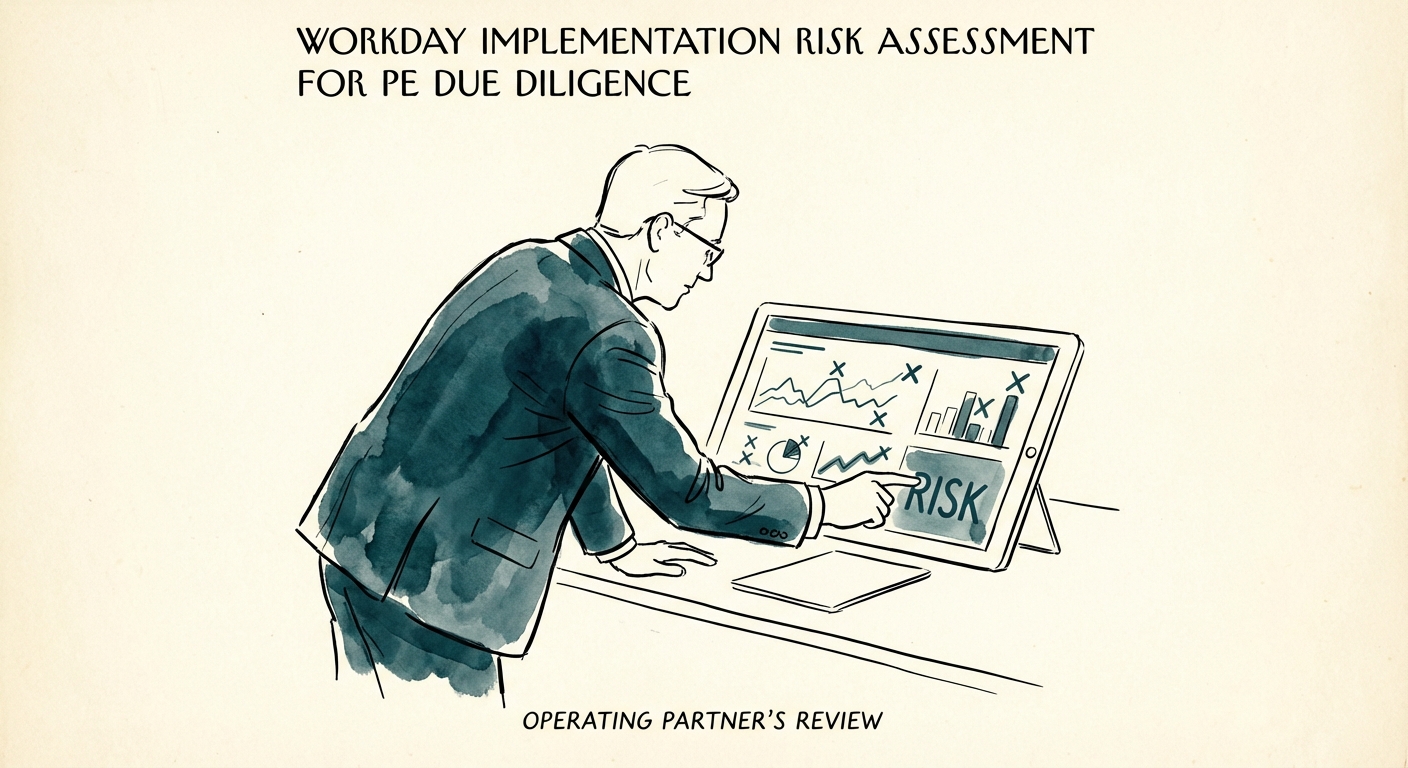 Private Equity Operating Partner reviewing a Workday implementation dashboard with red warning indicators overlaid on financial charts.
