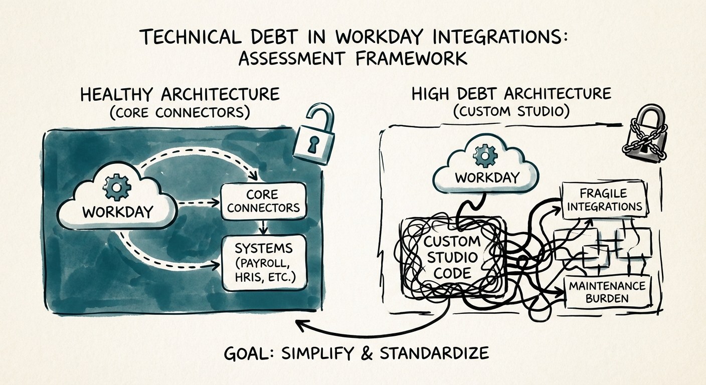 Diagram comparing 'Healthy' Workday architecture using Core Connectors vs. 'High Debt' architecture using custom Studio code.