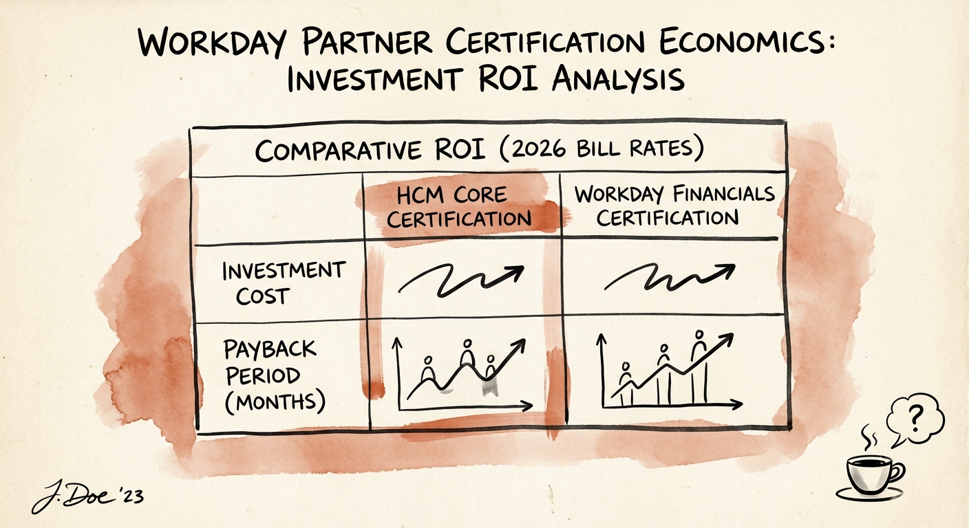 A comparative ROI table showing the payback period for HCM Core certification vs. Workday Financials certification based on 2026 bill rates.
