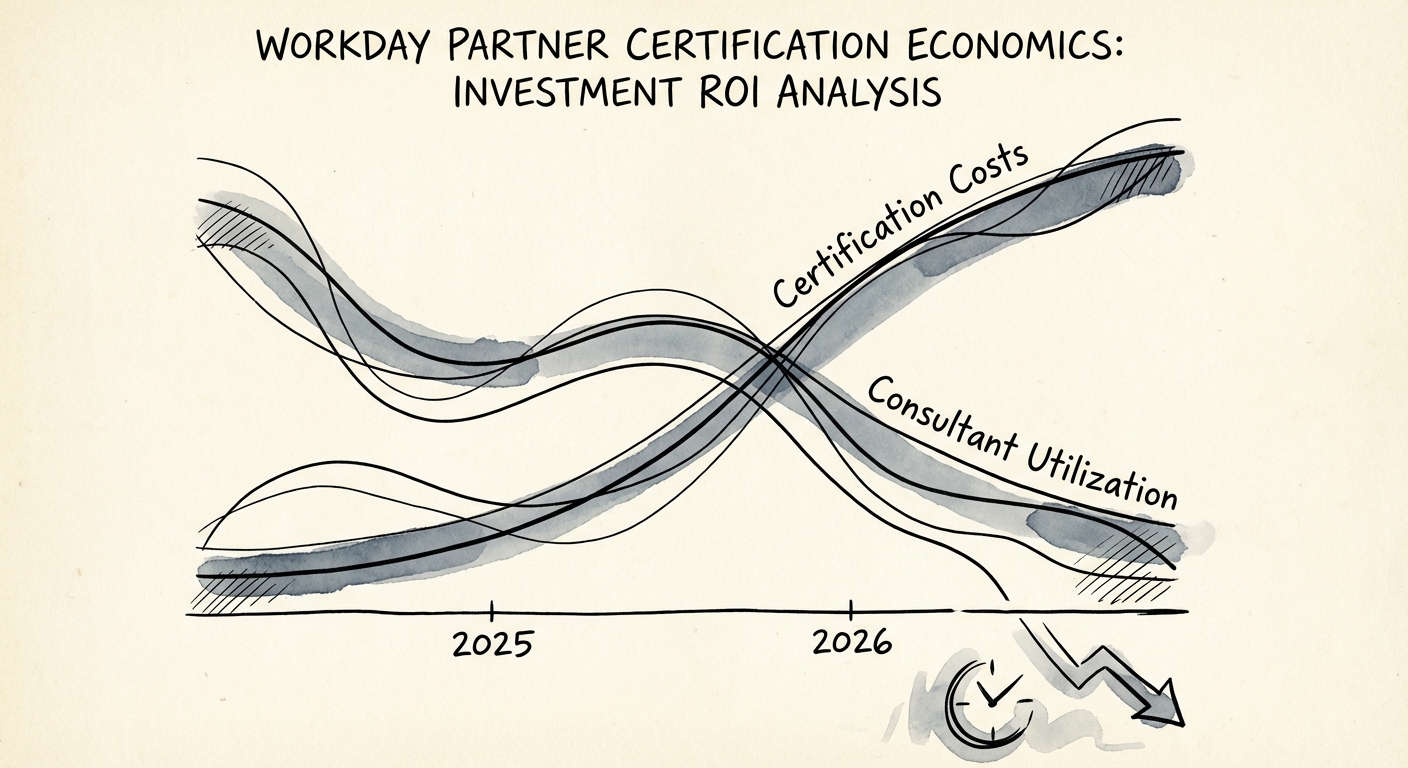 Chart showing the inverse relationship between Workday certification costs rising and consultant utilization rates falling in 2025-2026.