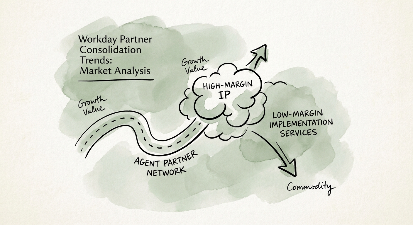 Diagram illustrating the 'Agent Partner Network' value chain, highlighting where high-margin IP sits versus low-margin implementation services.