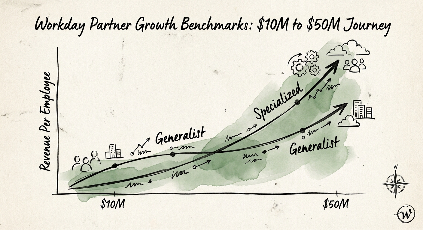 Chart comparing Revenue Per Employee metrics for Generalist vs. Specialized Workday Partners