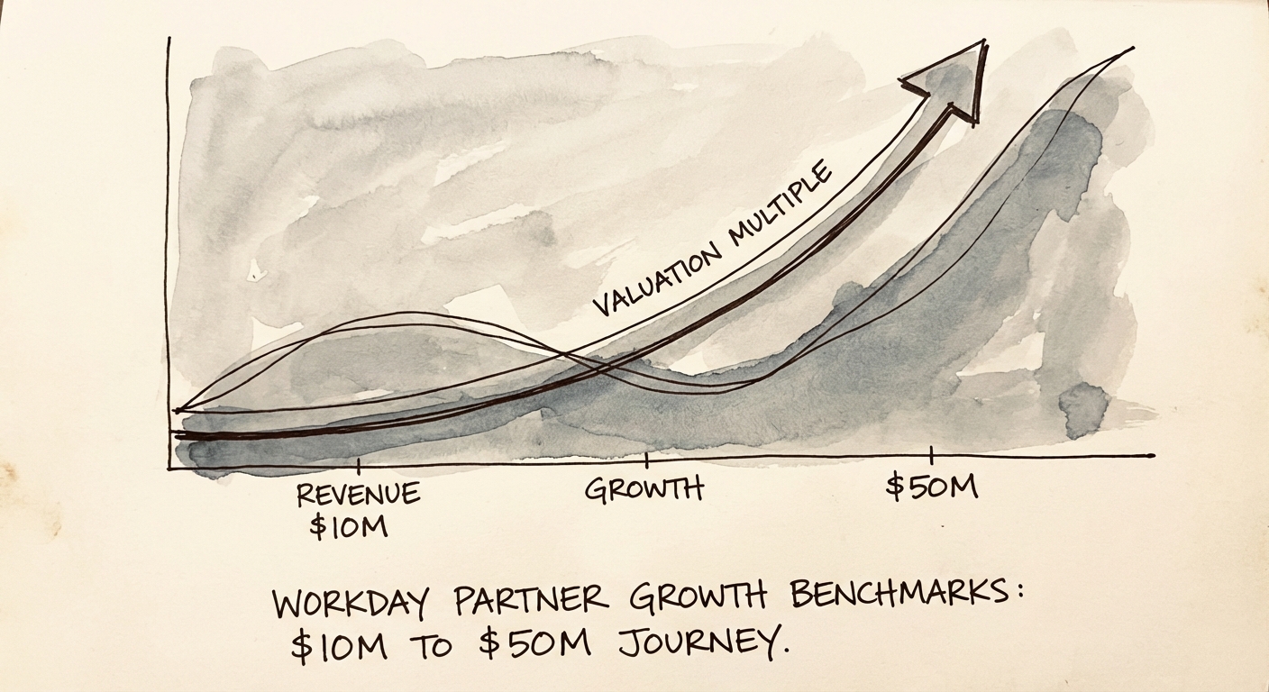 Graph showing valuation multiple expansion for Workday partners as they scale from $10M to $50M revenue