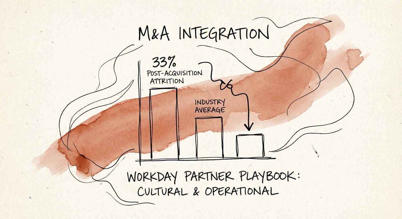 Chart showing 33% post-acquisition attrition spike vs industry average in specialized tech services
