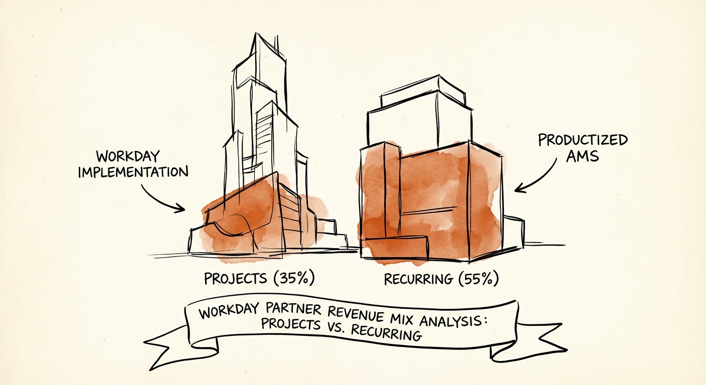 Comparison table of Gross Margins: Workday Implementation (35%) vs. Productized AMS (55%)