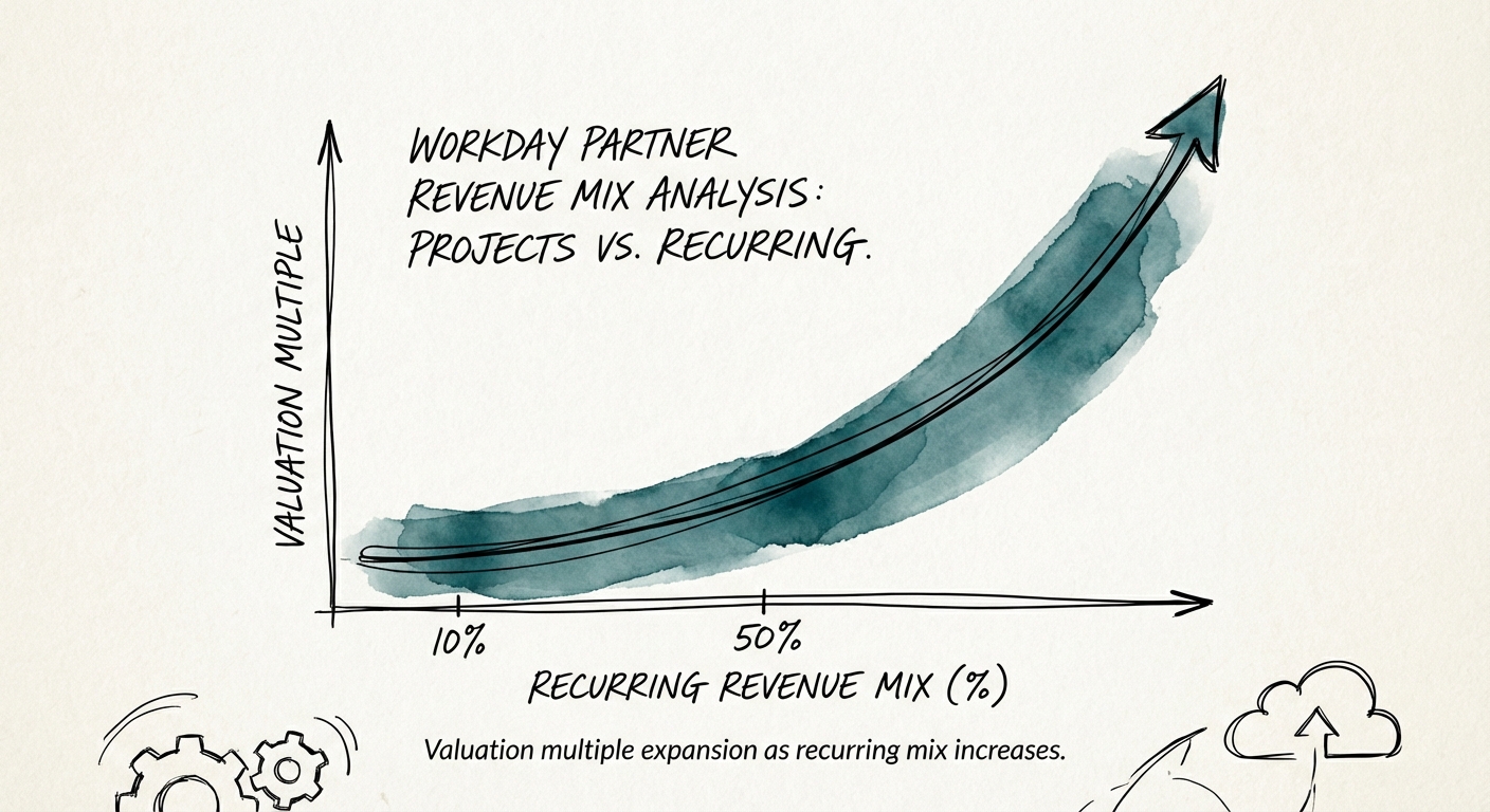 Graph showing valuation multiple expansion for Workday partners as recurring revenue mix increases from 10% to 50%