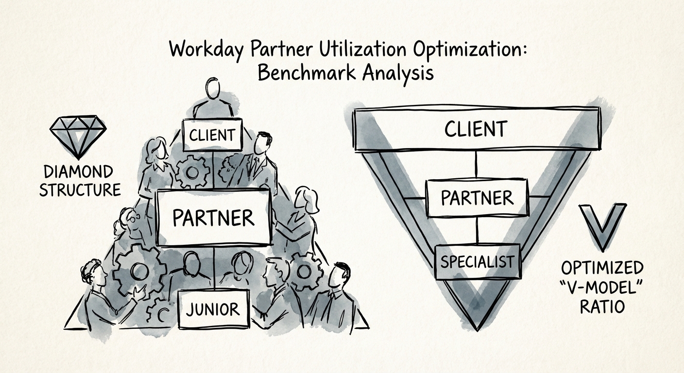 Diagram comparing a 'Diamond' staffing structure vs. the optimized 'V-Model' ratio for Workday implementation teams.