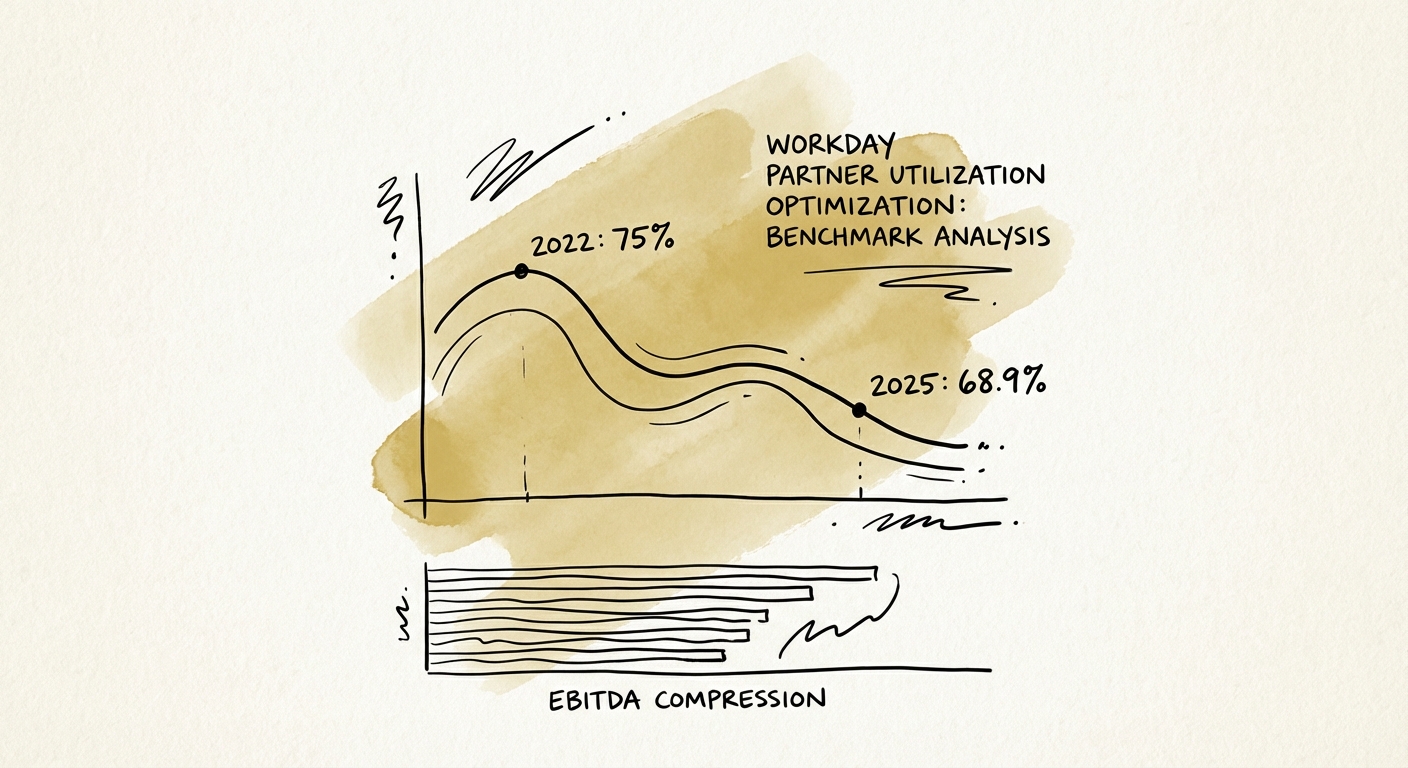 Graph showing the decline of Workday partner utilization rates from 75% in 2022 to 68.9% in 2025 alongside EBITDA compression.