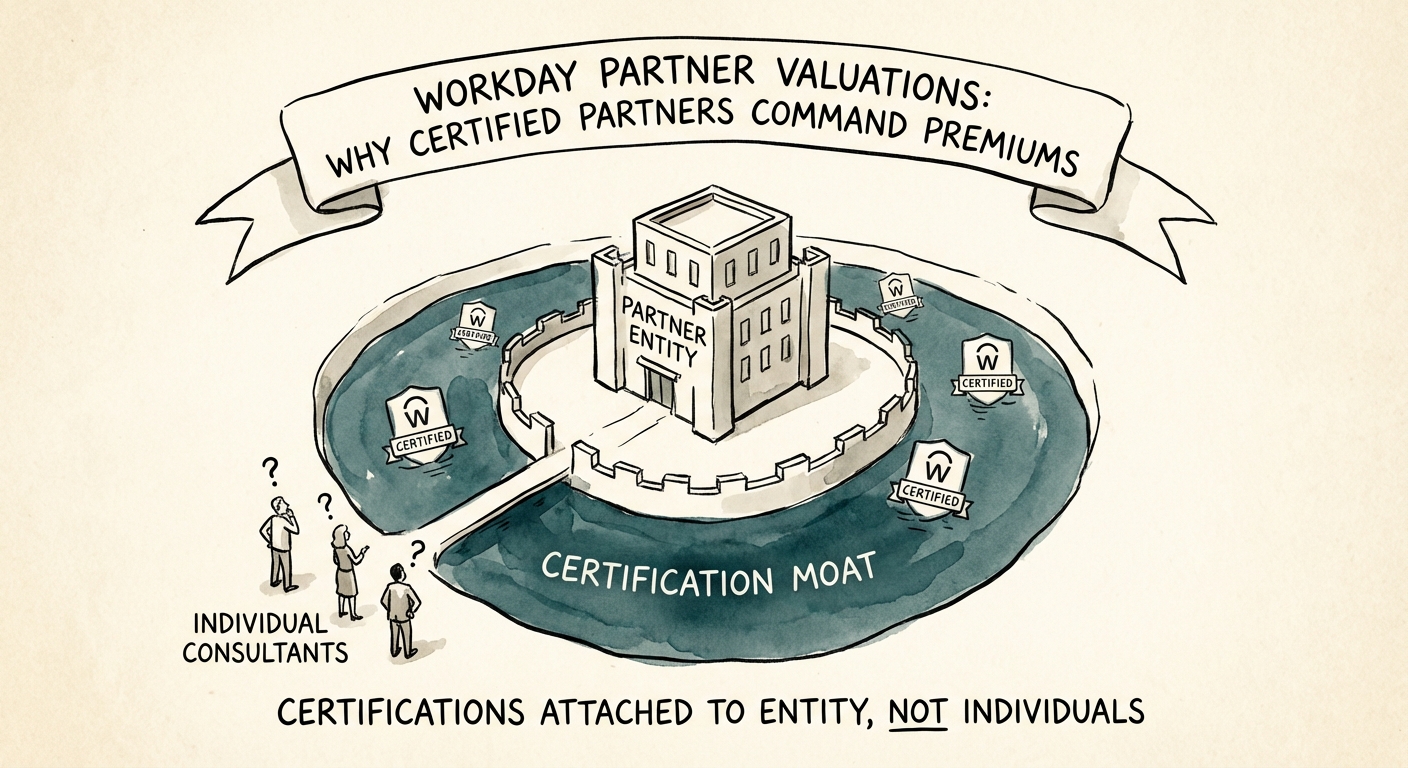 Diagram showing the 'Workday Certification Moat' where certifications are attached to the partner entity rather than the individual consultant.