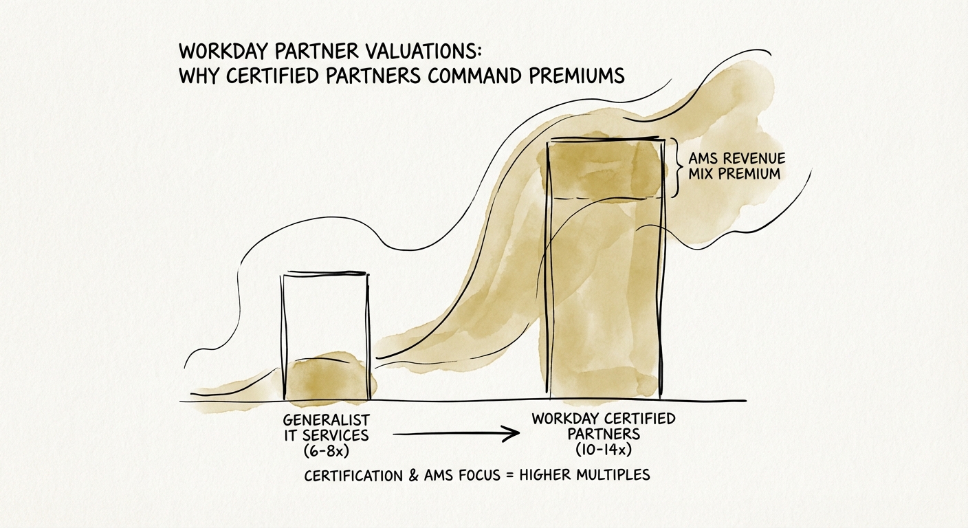 Chart comparing EBITDA multiples of generalist IT services firms (6-8x) versus Workday certified partners (10-14x), highlighting the premium for AMS revenue mix.